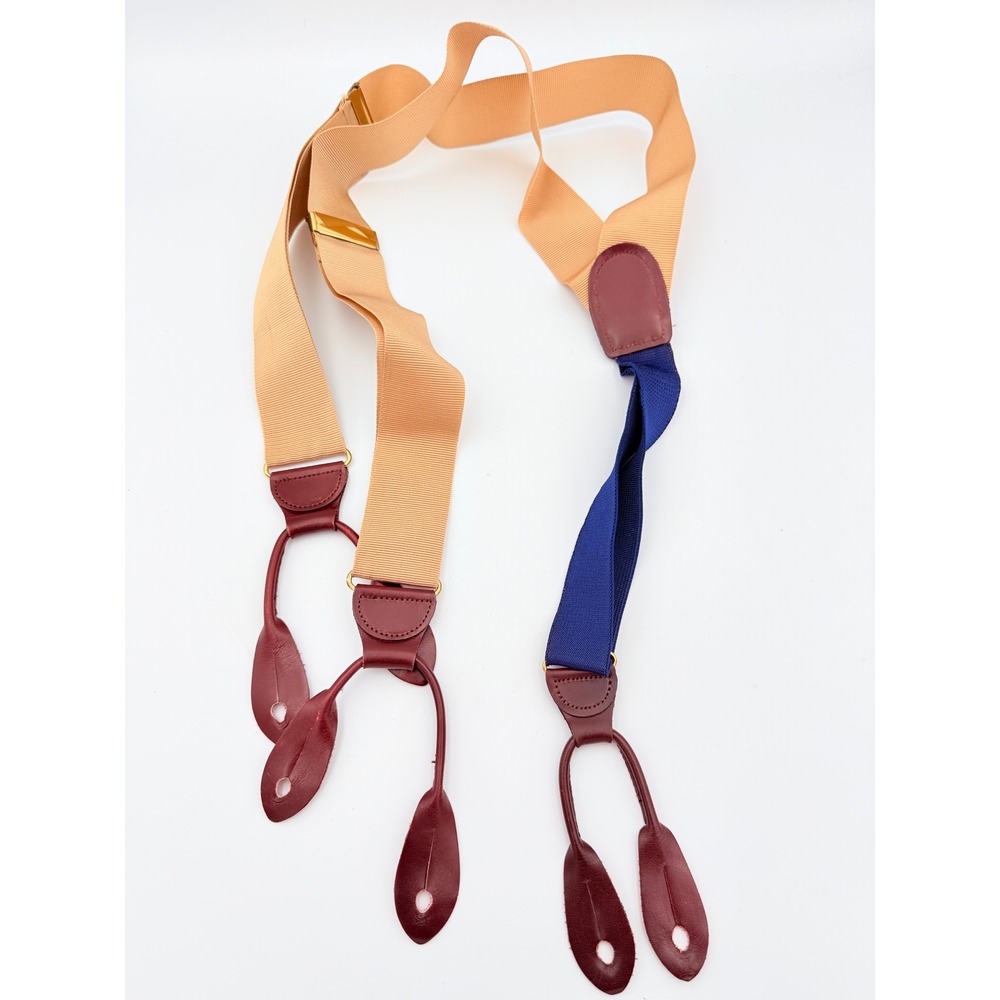 Vintage Mens Two Tone Suspenders Tan NavyBlue Burgundy Leather Button End Braces